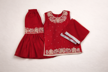 Gulchic Deep Ruby Hand-Embroidered Crimson Gharara Set – Heavy Zari & Tilla Work
