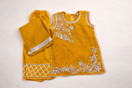 Gulchic Ocher Bloom - Hand-Embroidered Chiffon Suit - Traditional Zari & Gota Work