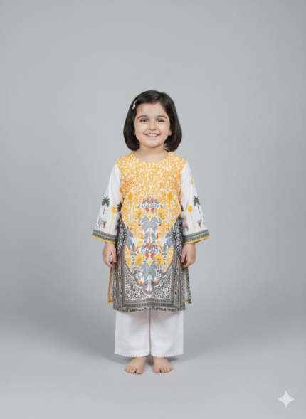 GulChic Saffron Garden Mustard & Ivory Digital Print 2-Piece Suit