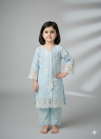 GulChic Azure Lace – 3-Piece-Embroidery Pastel Suit for Girls